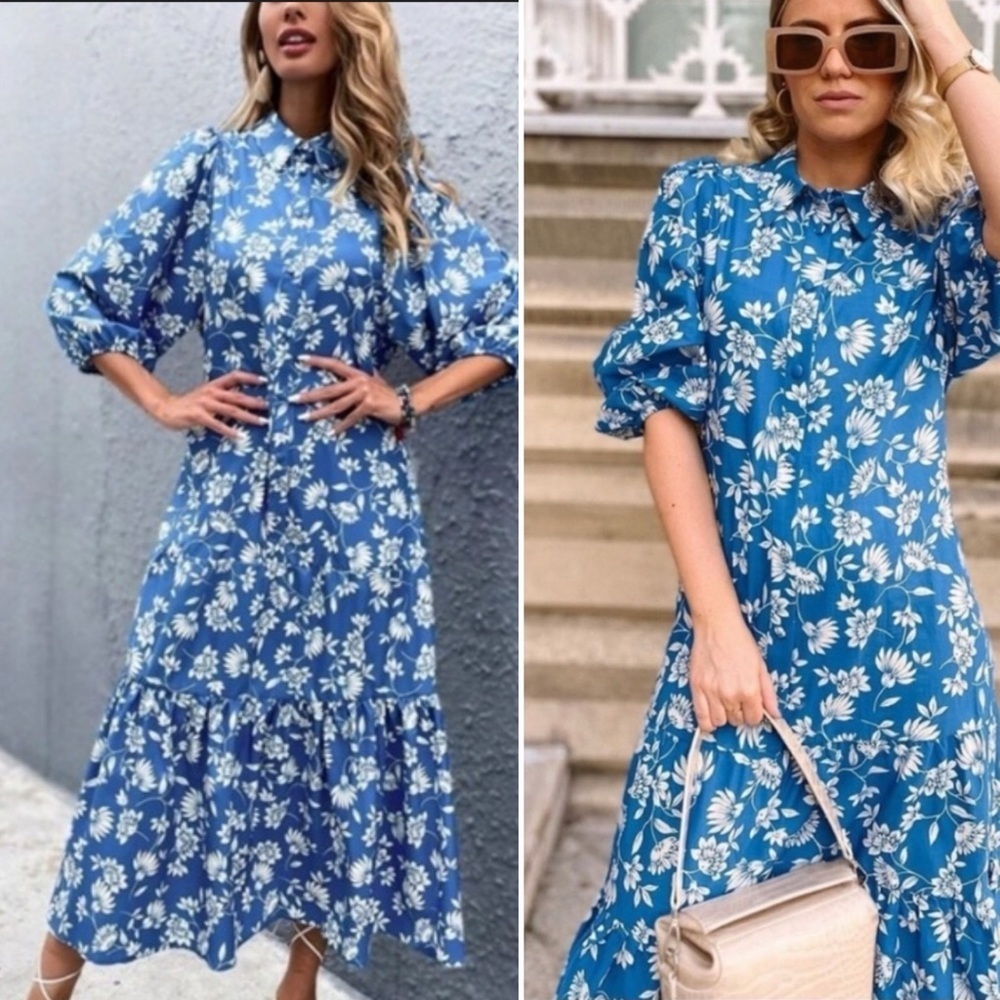 Zara Blue Floral Drop Waist Shirt Dress Puff Sleeve Blogger Favorite Size S